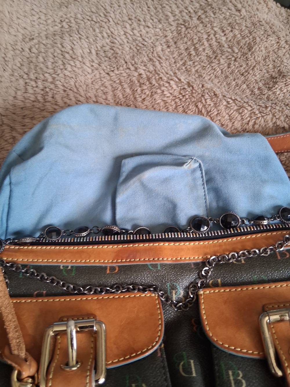 Dooney & Bourke Brown Logo Shoulder Bag with Tan Trim and Chain Detail - Picture 8 of 16